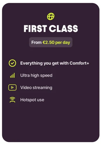 Firsty First Class data plan benefits screenshot. Fasts mobile data, tethering allowed, no ads.